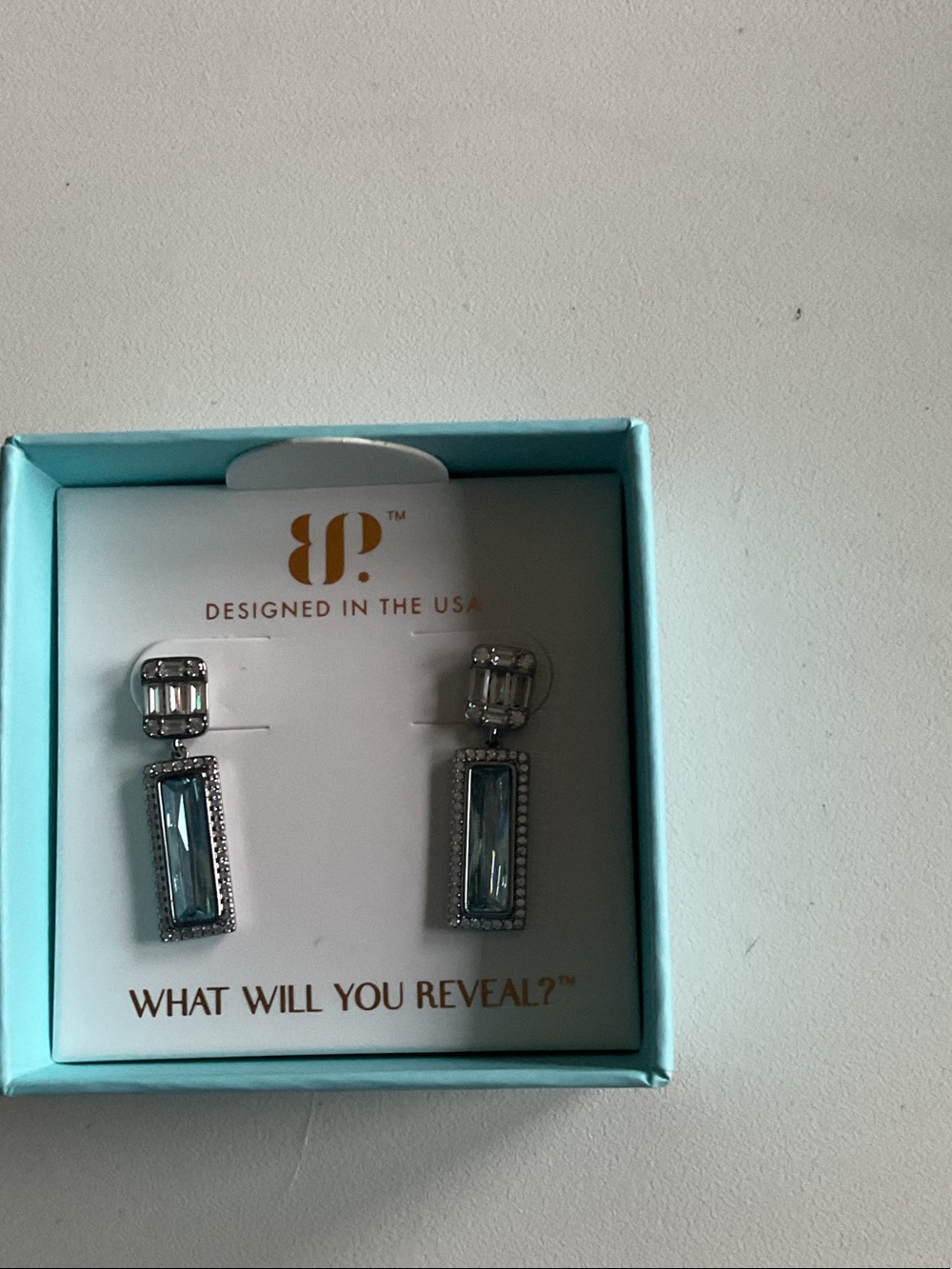 bp Aquamarine Rectangular Drop Earrings with Clear Accents